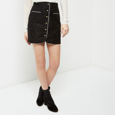 Black button front lace mini skirt